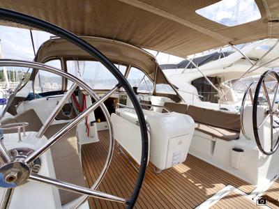 Cockpit of Bianca, a Jeanneau Sun Odyssey 519 sailboat at Puntone di Scarlino, Italy