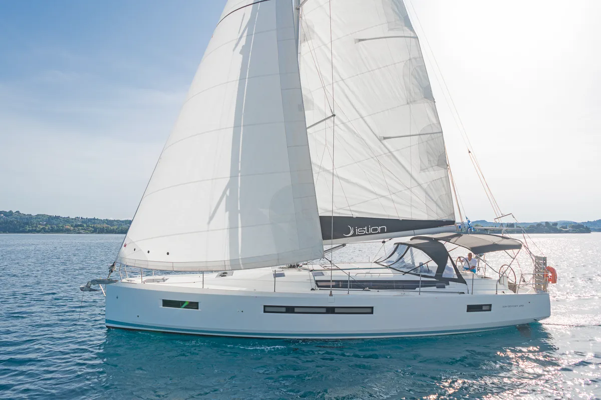 Exterior view of Pileas, a Jeanneau Sun Odyssey 490 sailboat at Gouvia, Greece