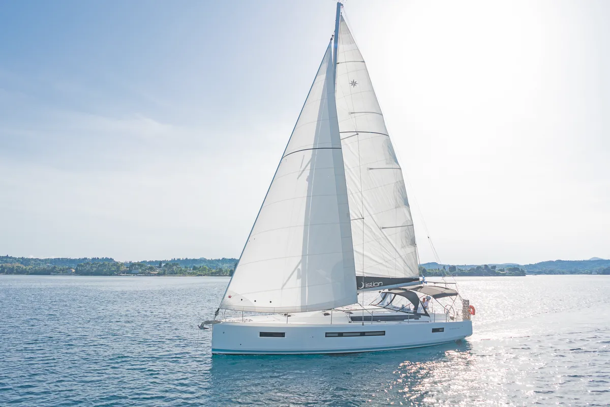 Exterior view of Pileas, a Jeanneau Sun Odyssey 490 sailboat at Gouvia, Greece