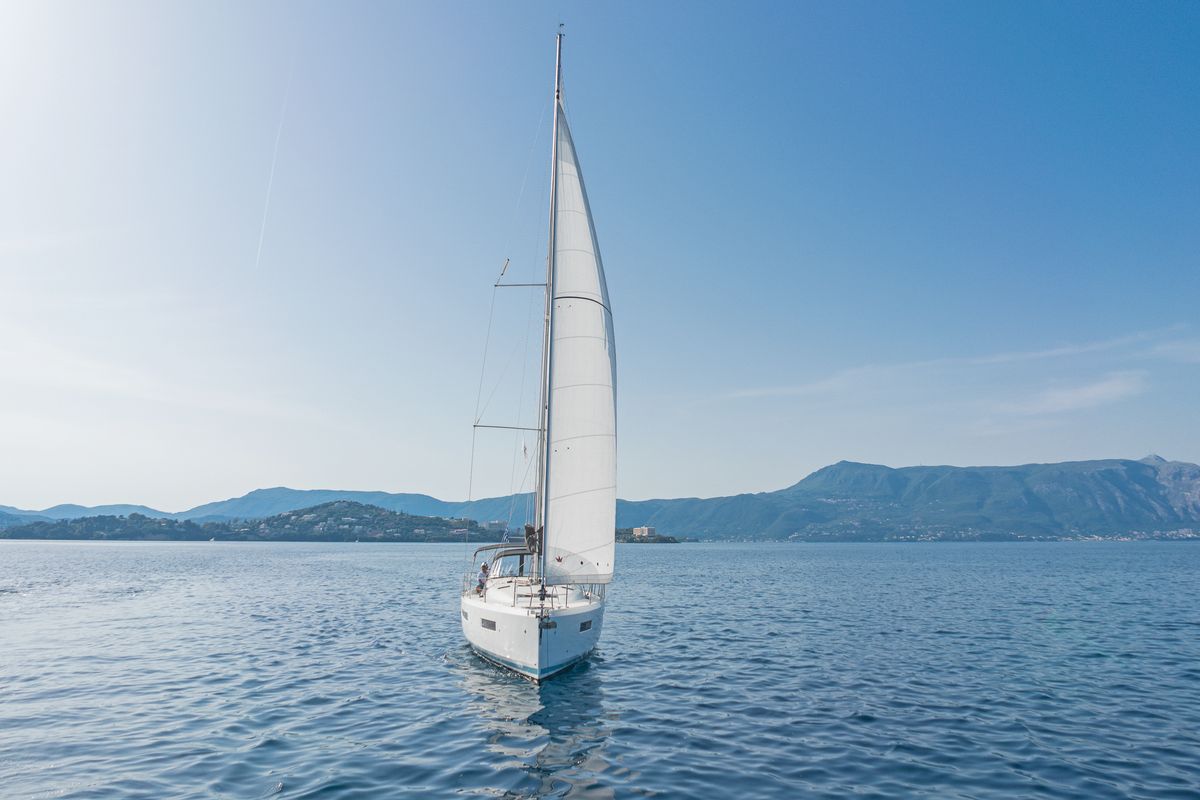 Exterior view of Pileas, a Jeanneau Sun Odyssey 490 sailboat at Gouvia, Greece