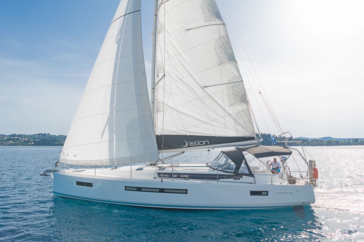Exterior view of Pileas, a Jeanneau Sun Odyssey 490 sailboat at Gouvia, Greece