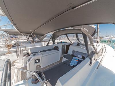 Deck of Pileas, a Jeanneau Sun Odyssey 490 sailboat at Gouvia, Greece