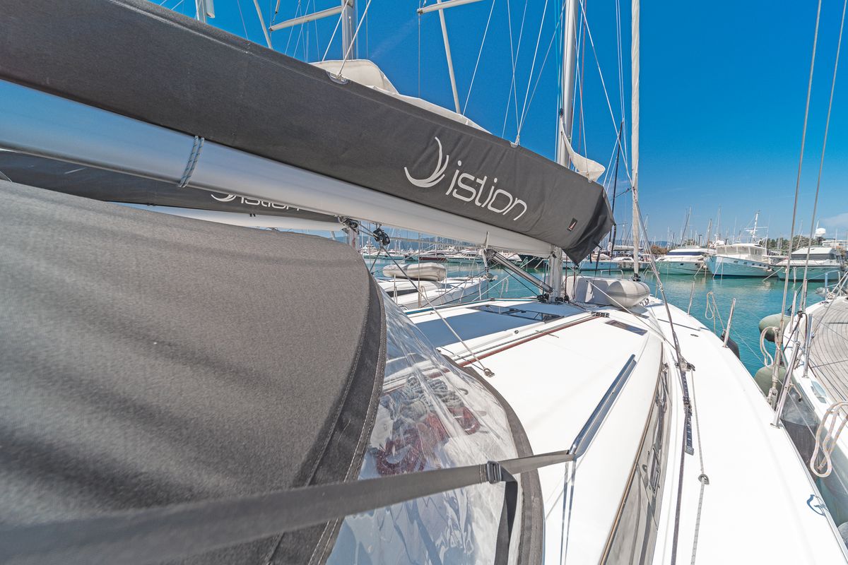 Deck of Pileas, a Jeanneau Sun Odyssey 490 sailboat at Gouvia, Greece