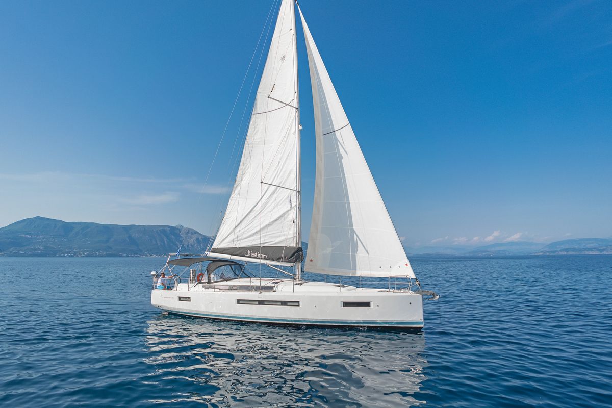 Exterior view of Pileas, a Jeanneau Sun Odyssey 490 sailboat at Gouvia, Greece