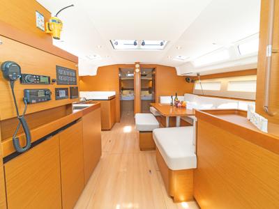 Salon of Pileas, a Jeanneau Sun Odyssey 490 sailboat at Gouvia, Greece