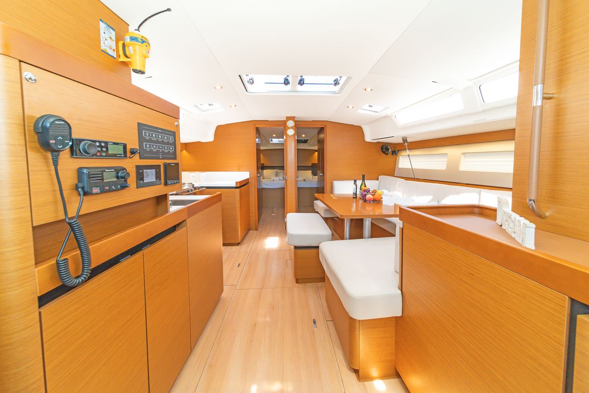 Salon of Pileas, a Jeanneau Sun Odyssey 490 sailboat at Gouvia, Greece