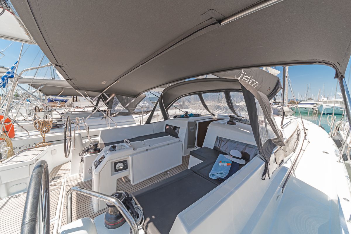 Cockpit of Pileas, a Jeanneau Sun Odyssey 490 sailboat at Gouvia, Greece