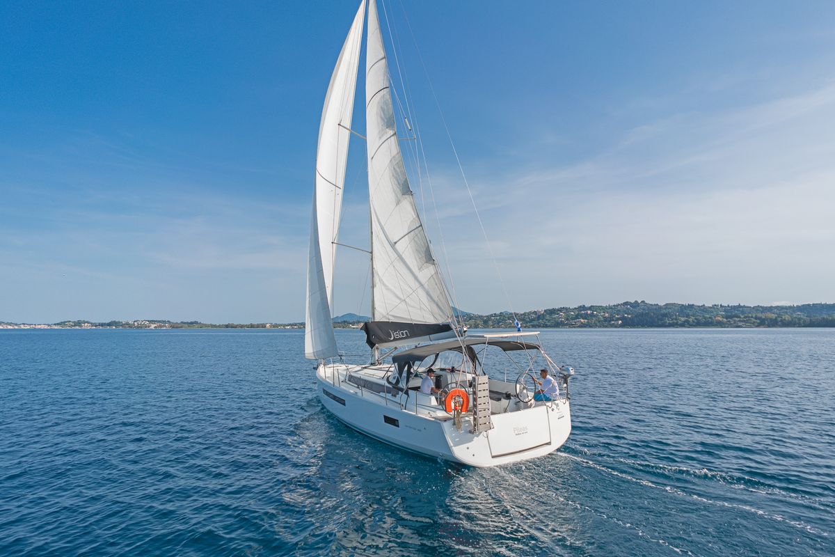 Exterior view of Pileas, a Jeanneau Sun Odyssey 490 sailboat at Gouvia, Greece