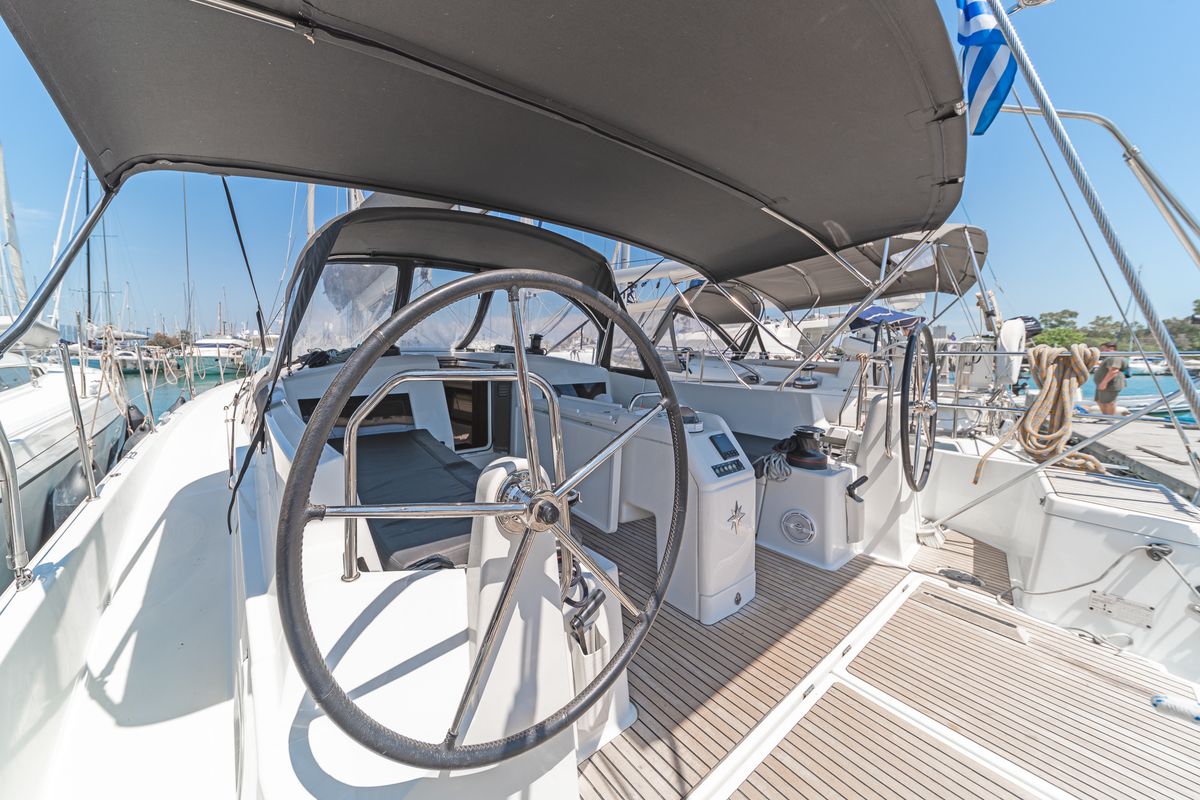 Cockpit of Pileas, a Jeanneau Sun Odyssey 490 sailboat at Gouvia, Greece