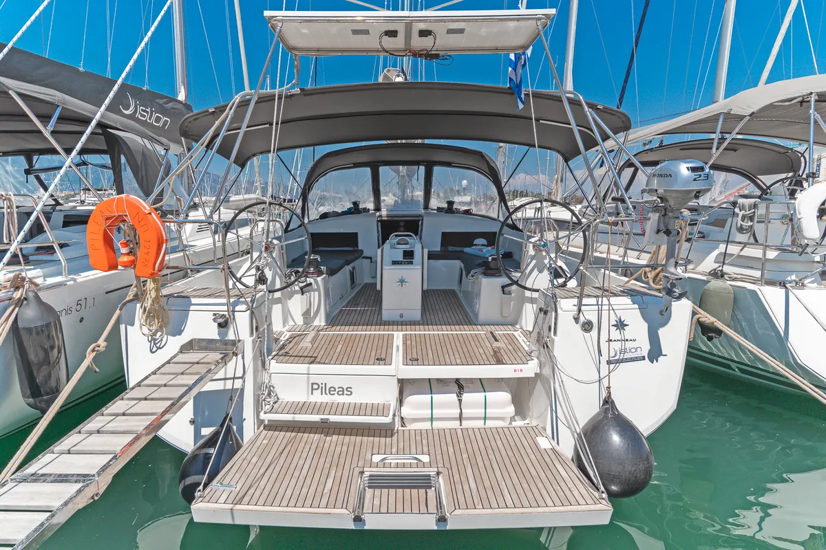 Deck of Pileas, a Jeanneau Sun Odyssey 490 sailboat at Gouvia, Greece