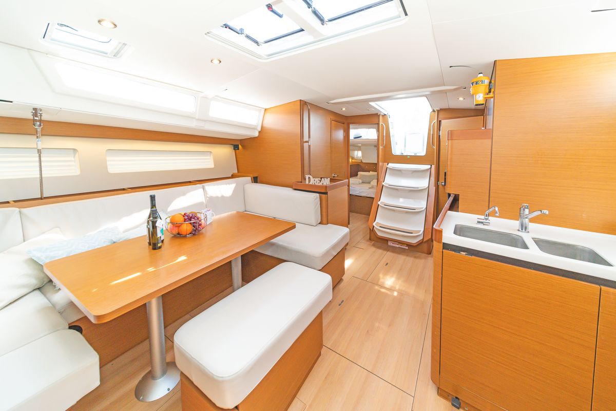 Salon of Pileas, a Jeanneau Sun Odyssey 490 sailboat at Gouvia, Greece