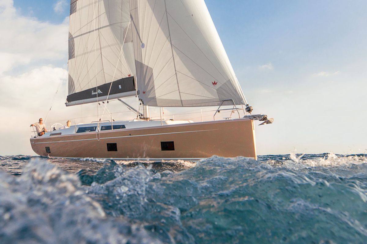 Exterior view of Themisto, a Hanse Yachts Hanse 418 sailboat at Lavreotiki Municipal Unit, Greece