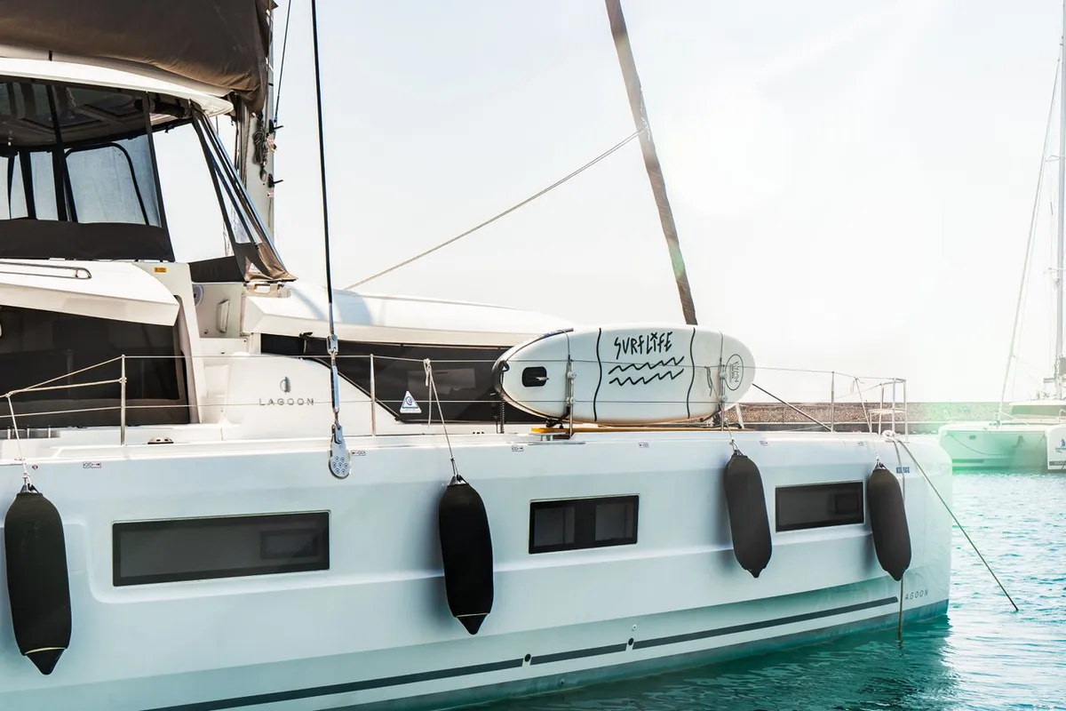 Exterior view of Sea Energy I, a Lagoon 46 catamaran at Athens, Greece