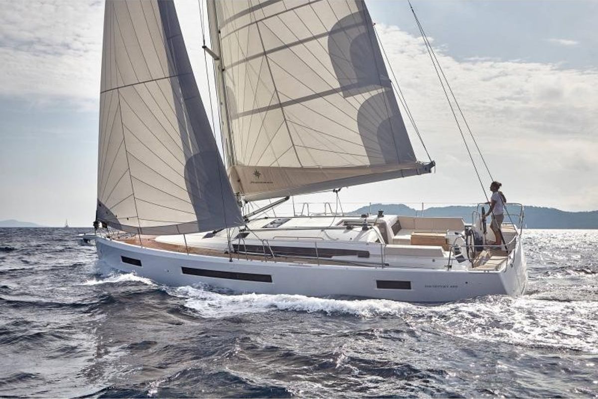 Exterior view of Etheria, a Jeanneau Sun Odyssey 490 sailboat at Keramoti, Greece