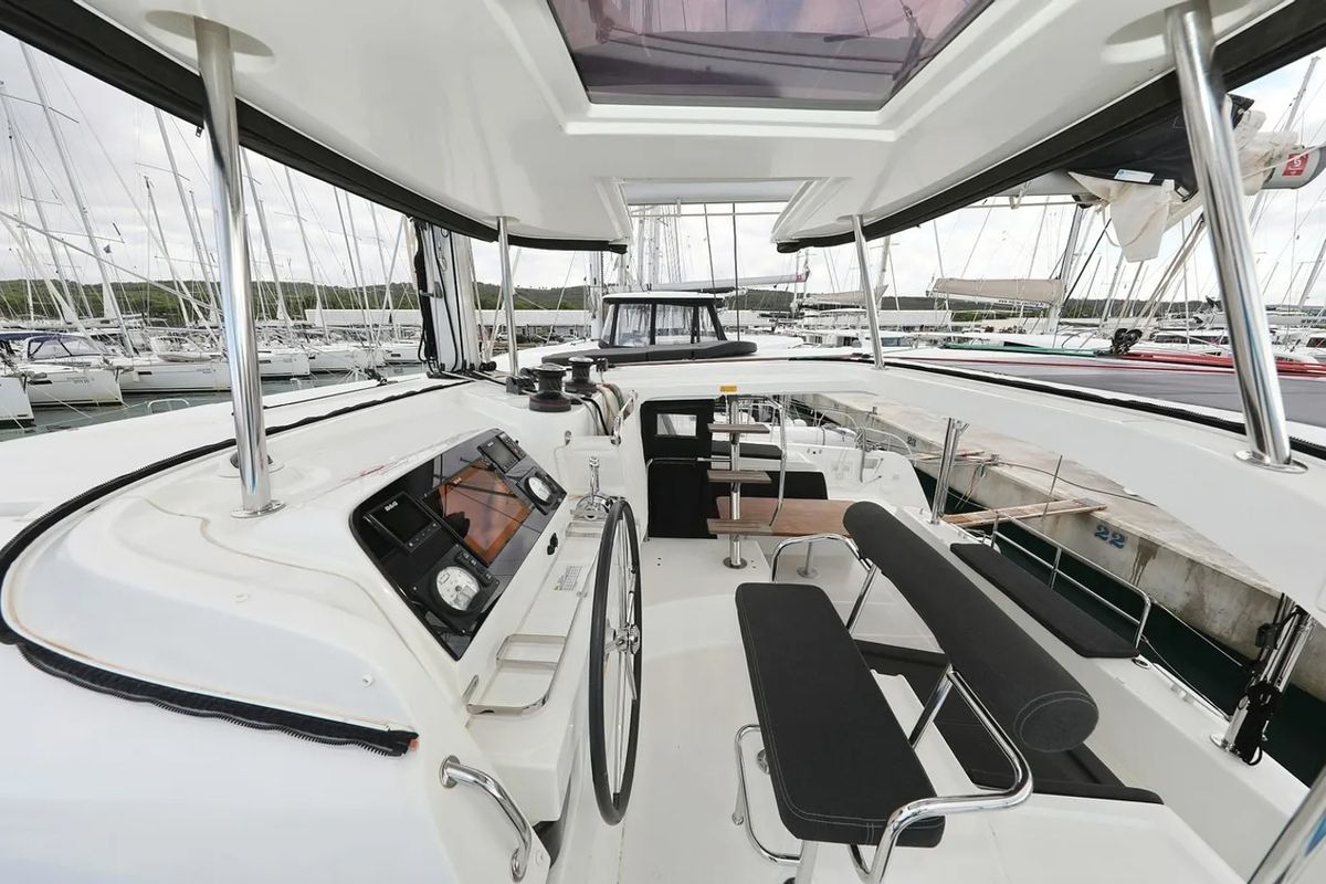 Cockpit of Lila, a Lagoon 42 catamaran at Grad Kaštela, Croatia