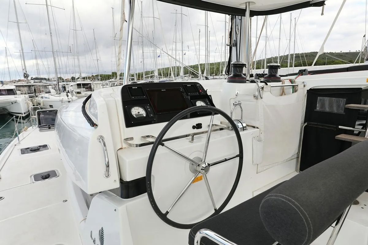 Cockpit of Lila, a Lagoon 42 catamaran at Grad Kaštela, Croatia