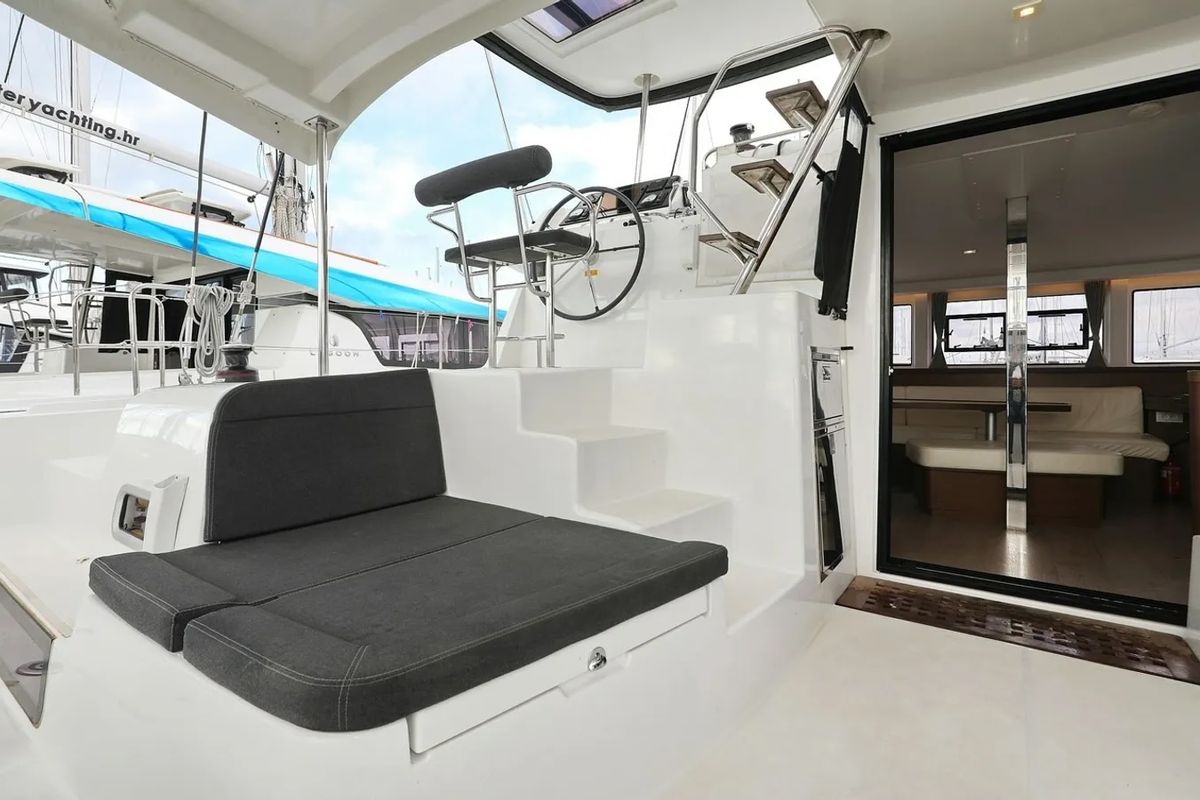 Deck of Lila, a Lagoon 42 catamaran at Grad Kaštela, Croatia