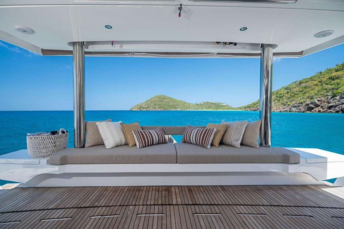 Deck of Premium, a Bali 5.4 catamaran at Sant Antoni de Portmany, Spain
