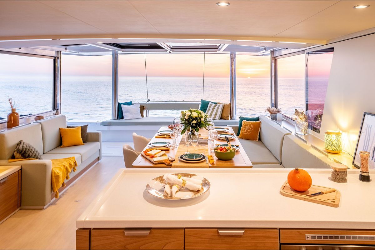Salon of Premium, a Bali 5.4 catamaran at Sant Antoni de Portmany, Spain