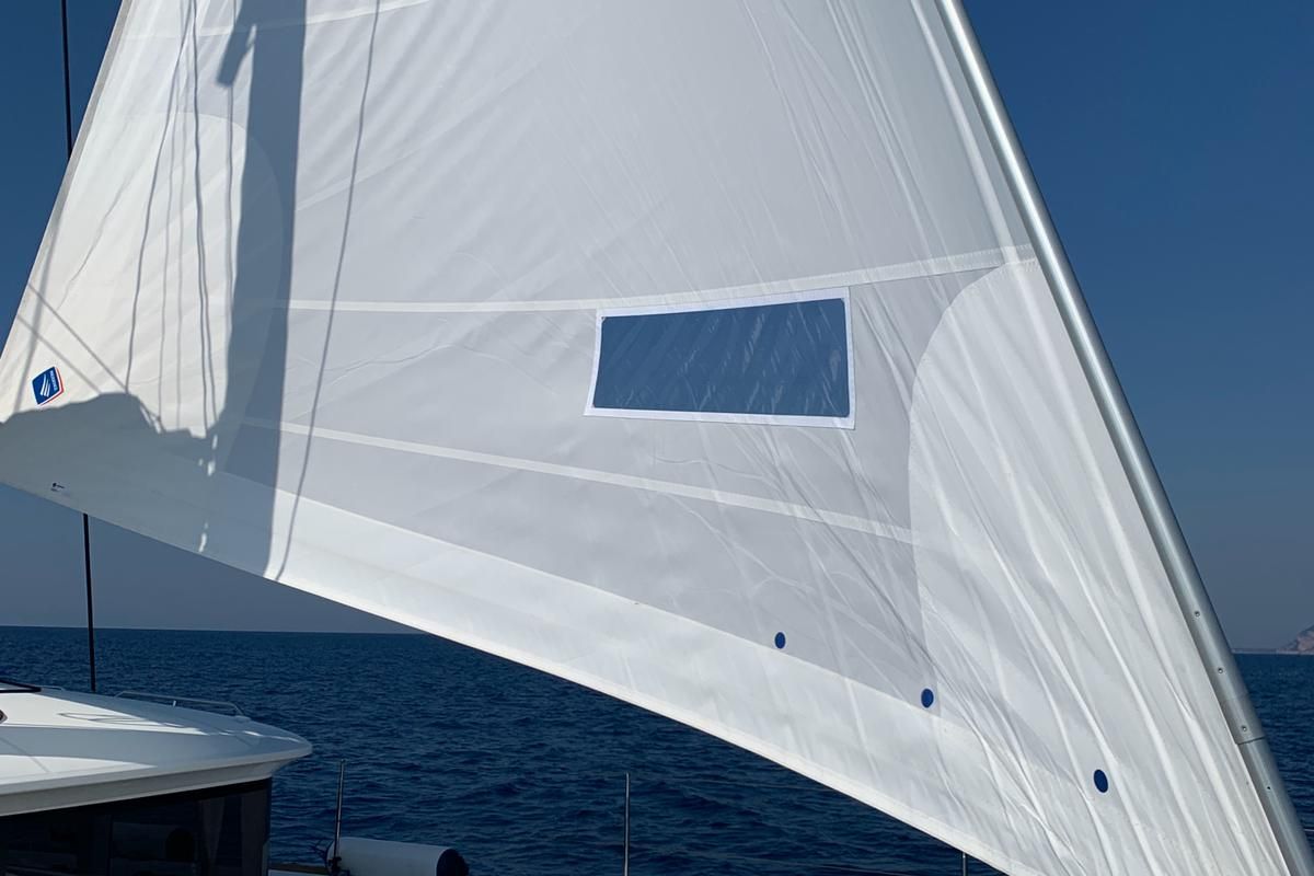Exterior view of Rivincita, a Lagoon 450 catamaran at Olbia, Italy