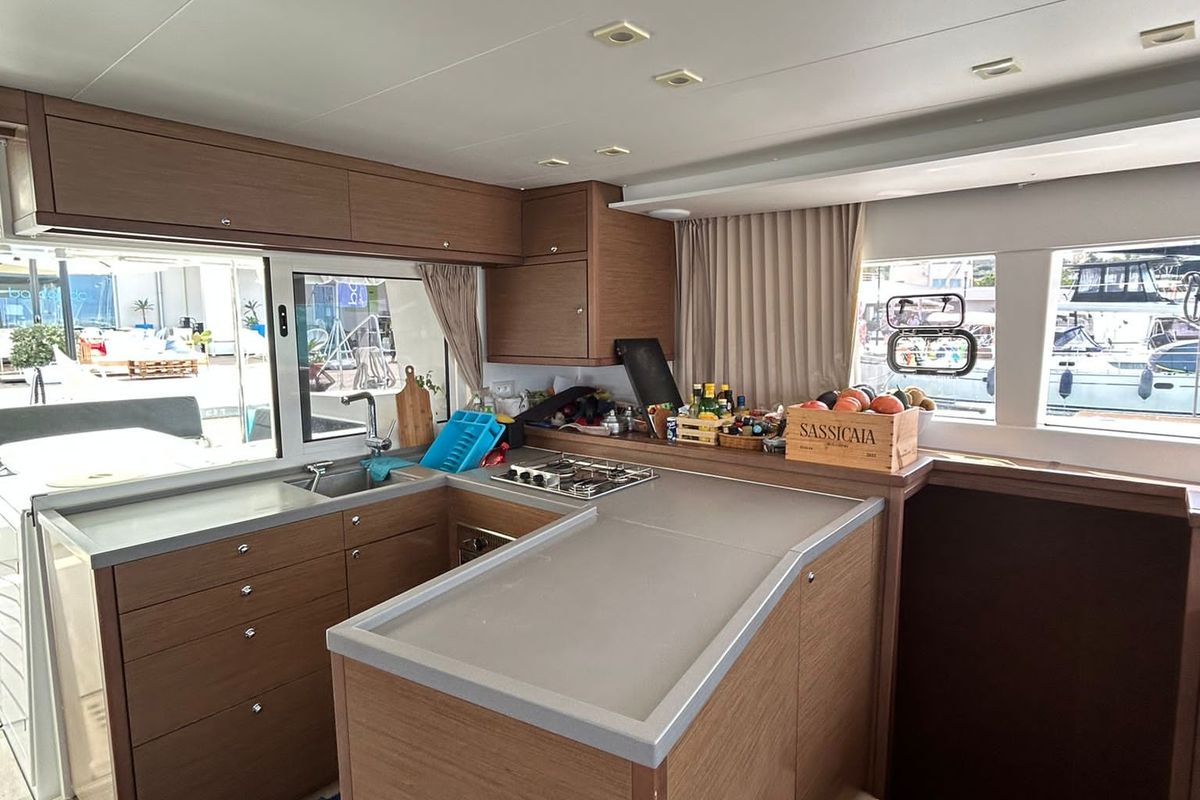 Galley of Rivincita, a Lagoon 450 catamaran at Olbia, Italy