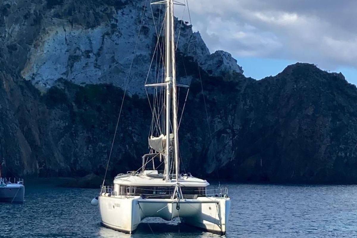 Exterior view of Rivincita, a Lagoon 450 catamaran at Olbia, Italy