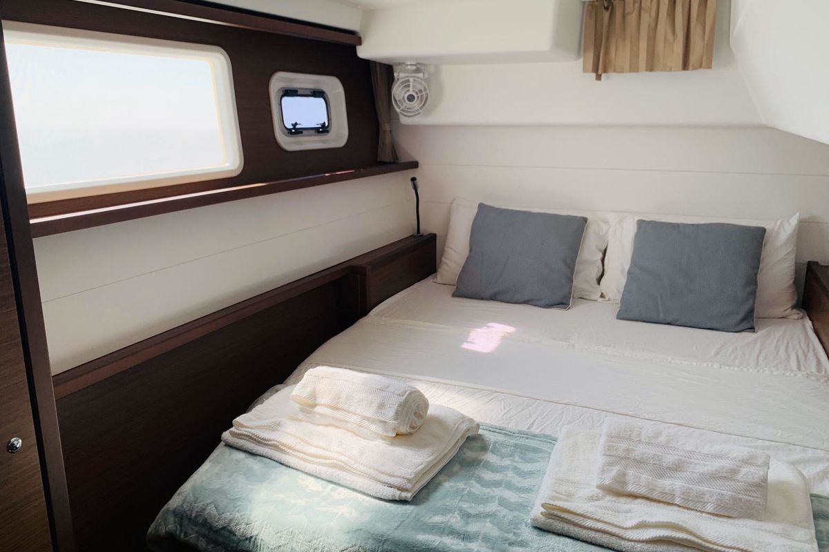 Cabin on Rivincita, a Lagoon 450 catamaran at Olbia, Italy