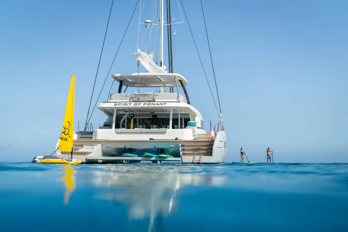 Exterior view of Spirit of Ponant, a Lagoon Seventy 7 catamaran at Eden Island Marina, Seychelles