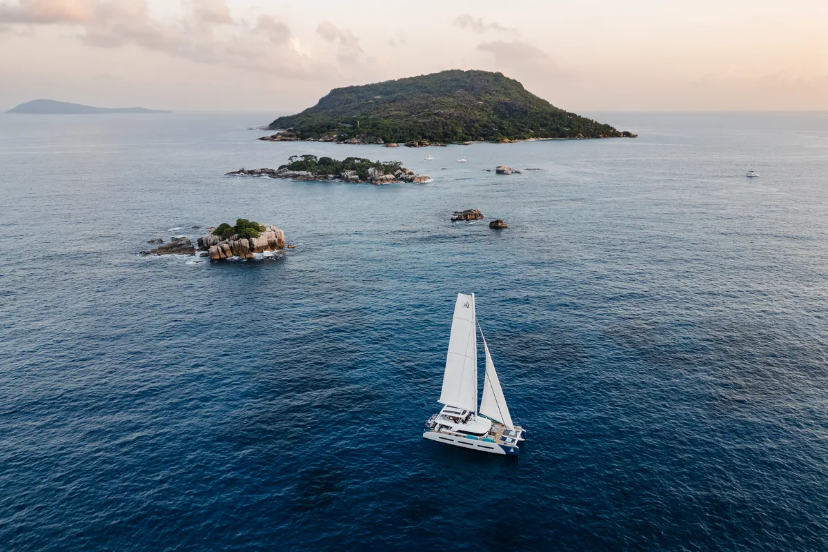 Exterior view of Spirit of Ponant, a Lagoon Seventy 7 catamaran at Eden Island Marina, Seychelles