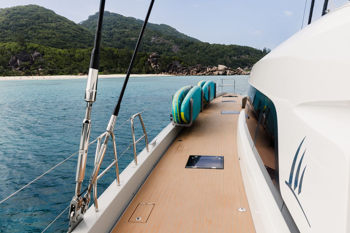 Deck of Spirit of Ponant, a Lagoon Seventy 7 catamaran at Eden Island Marina, Seychelles