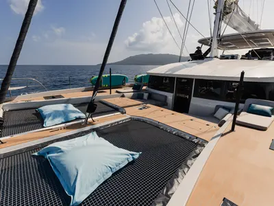 Deck of Spirit of Ponant, a Lagoon Seventy 7 catamaran at Eden Island Marina, Seychelles
