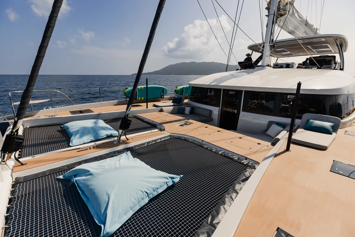 Deck of Spirit of Ponant, a Lagoon Seventy 7 catamaran at Eden Island Marina, Seychelles