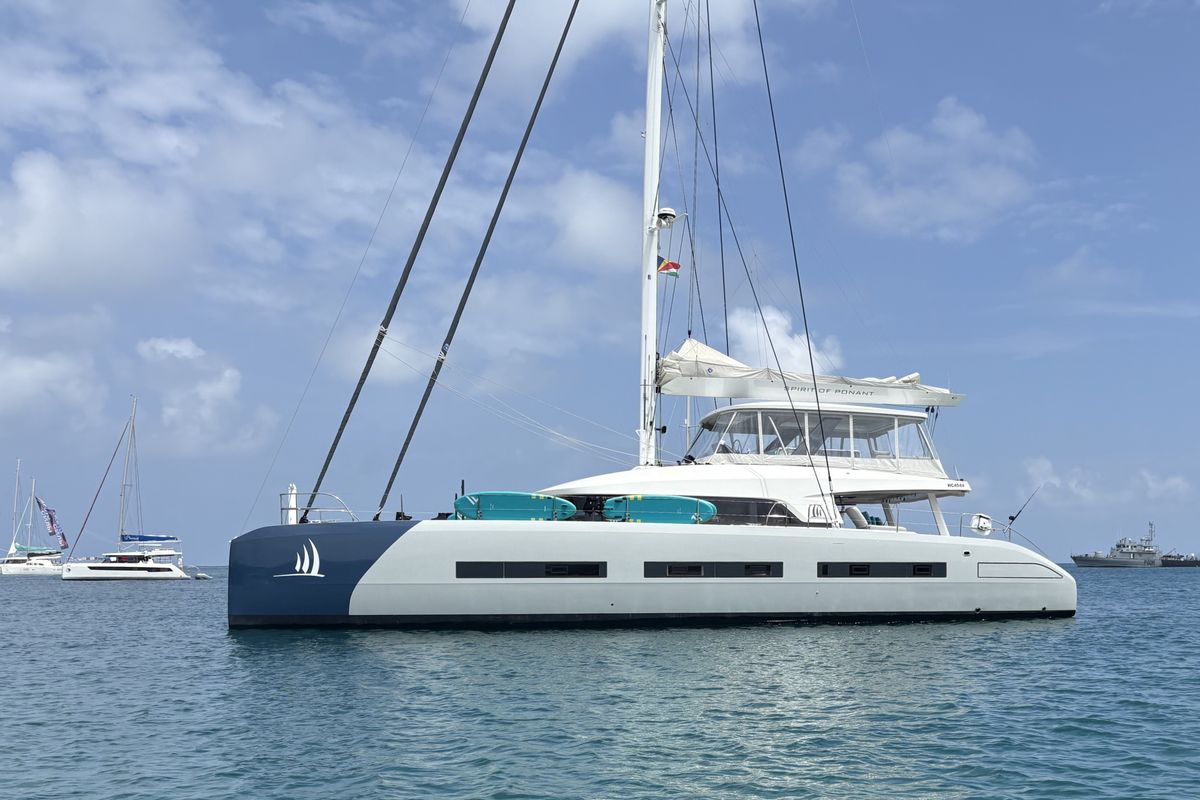Exterior view of Spirit of Ponant, a Lagoon Seventy 7 catamaran at Eden Island Marina, Seychelles