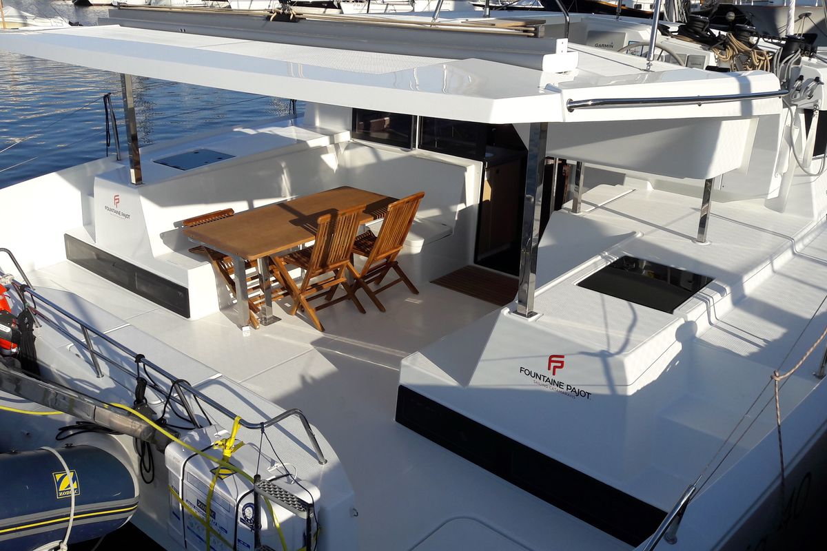 Deck of Ginesta, a Fountaine Pajot Lucia 40 catamaran at Palamós, Spain