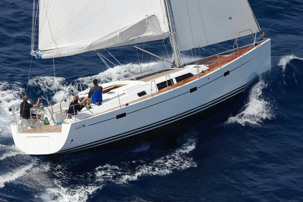 Exterior view of Ianira, a Hanse Yachts Hanse 470 sailboat at Heraklion Municipal Unit, Greece