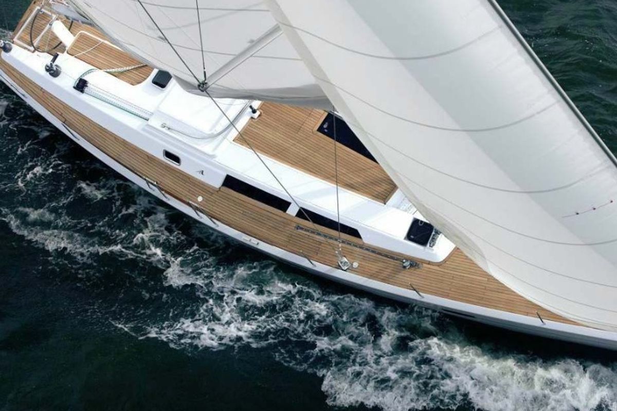 Exterior view of Ianira, a Hanse Yachts Hanse 470 sailboat at Heraklion Municipal Unit, Greece