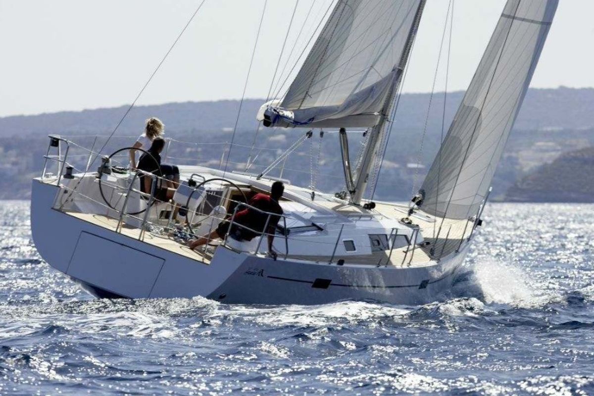 Exterior view of Ianira, a Hanse Yachts Hanse 470 sailboat at Heraklion Municipal Unit, Greece