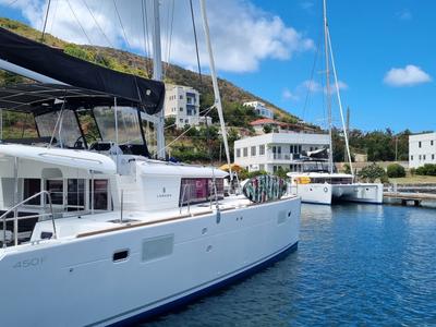 Exterior view of Sea Runner IV, a Lagoon 450 catamaran at Parham Town, British Virgin Islands