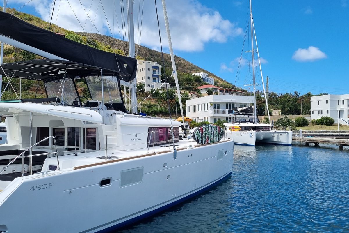 Exterior view of Sea Runner IV, a Lagoon 450 catamaran at Parham Town, British Virgin Islands