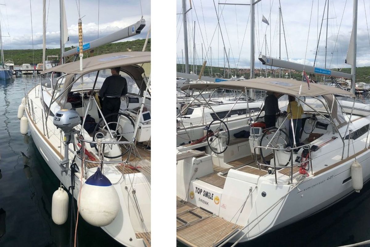 Exterior view of Top Smile, a Jeanneau Sun Odyssey 449 sailboat at Punat, Croatia
