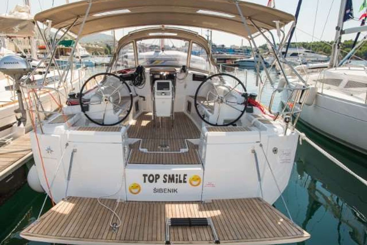 Deck of Top Smile, a Jeanneau Sun Odyssey 449 sailboat at Punat, Croatia
