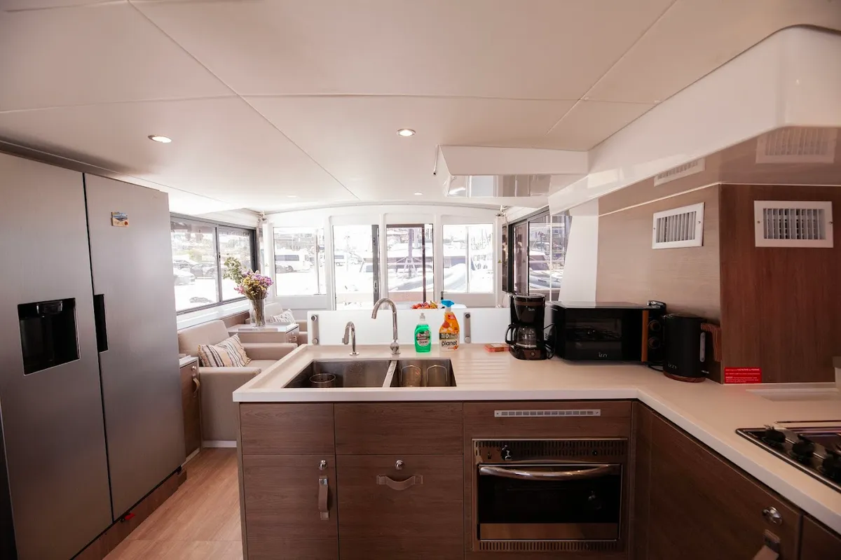 Galley of Neda, a Bali 4.6 catamaran at Agios Stefanos, Greece
