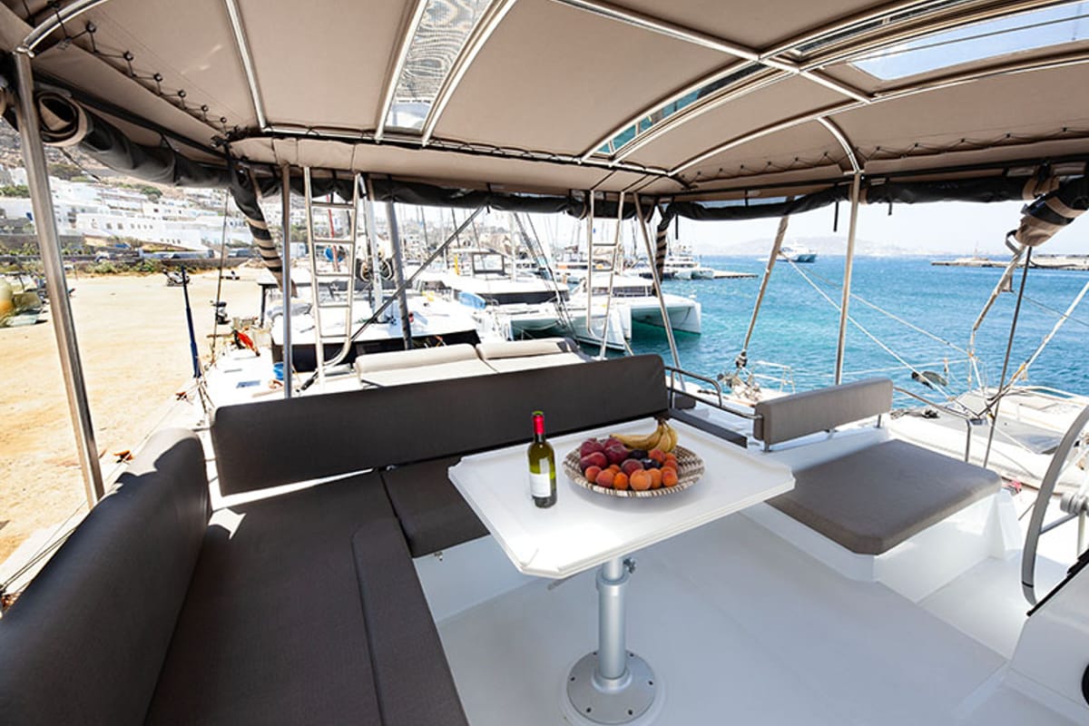 Deck of Neda, a Bali 4.6 catamaran at Agios Stefanos, Greece