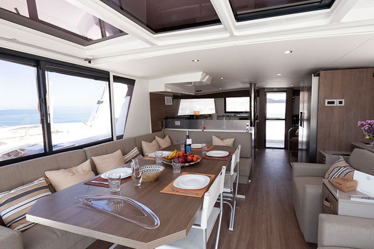 Salon of Neda, a Bali 4.6 catamaran at Agios Stefanos, Greece