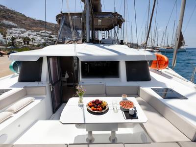 Deck of Neda, a Bali 4.6 catamaran at Agios Stefanos, Greece
