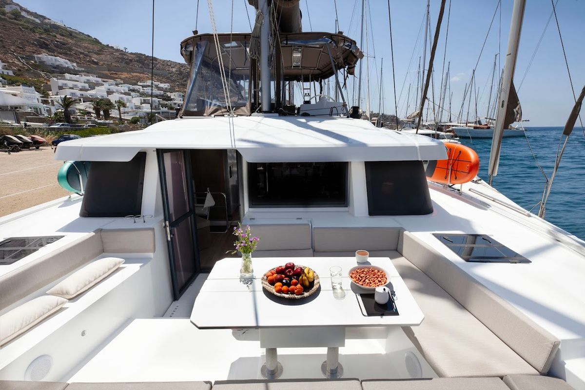 Deck of Neda, a Bali 4.6 catamaran at Agios Stefanos, Greece