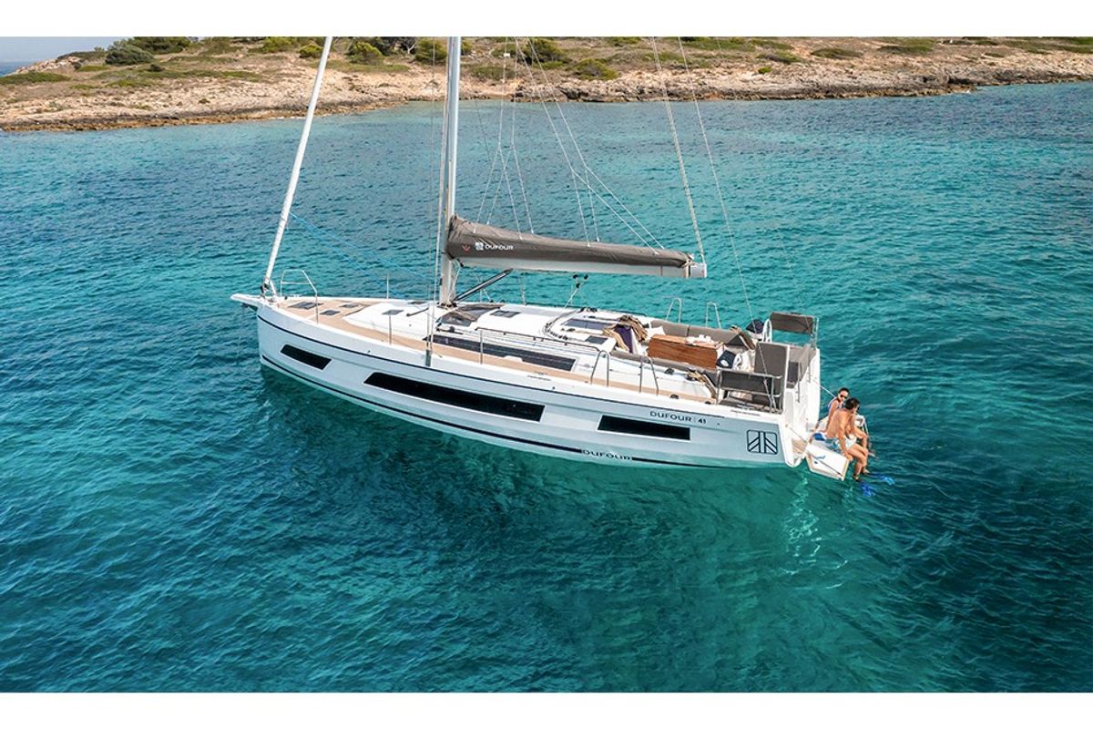 Exterior view of Felicia, a Dufour 41 sailboat at Athens, Greece