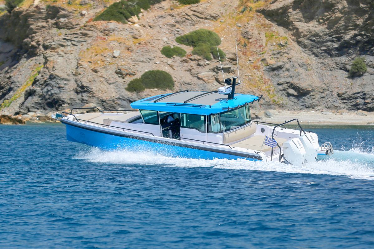 Exterior view of VIDA, a Axopar 37 XC Cross Cabin motorboat at Lavreotiki Municipal Unit, Greece
