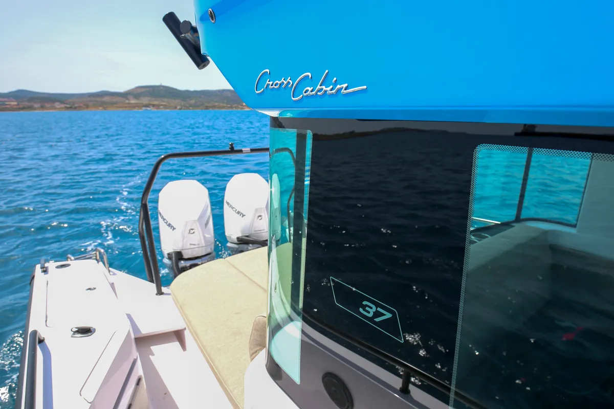 Exterior view of VIDA, a Axopar 37 XC Cross Cabin motorboat at Lavreotiki Municipal Unit, Greece