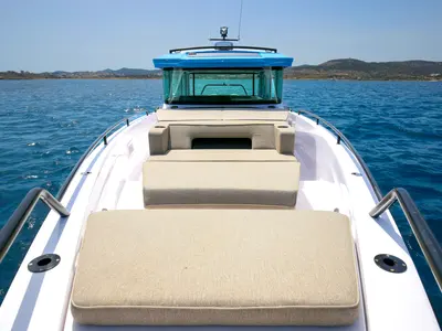 Deck of VIDA, a Axopar 37 XC Cross Cabin motorboat at Lavreotiki Municipal Unit, Greece